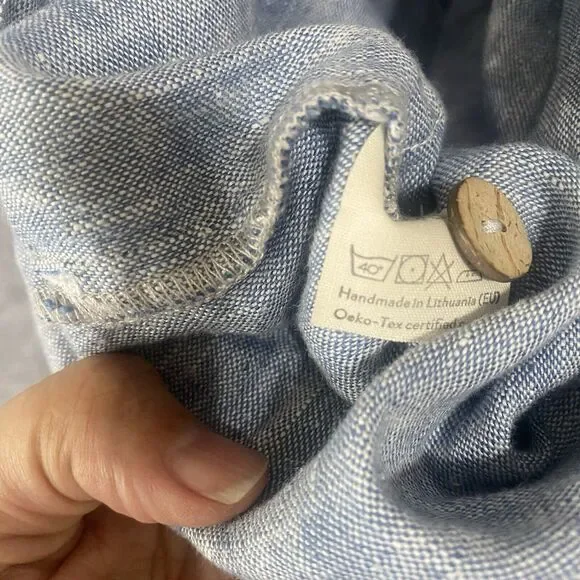 Magic Linen Crop Pants Womens Sz M Blue 100% Linen Pockets Button Close Elastic - Picture 5 of 8